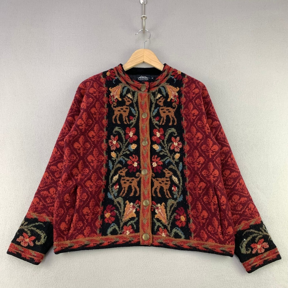 VTG Icelandic Design Wool Cardigan Sweater Womens M Red Nordic Reindeer Floral